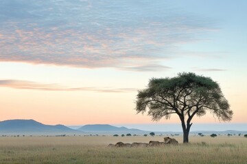 Obraz premium Serene Savanna Sunset with Lone Tree and Herd of Grazing Animals