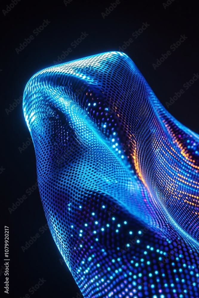Poster Abstract blue and purple textured background with glowing dots and waves, creating a dynamic visual representation of technology and innovation in a digital space