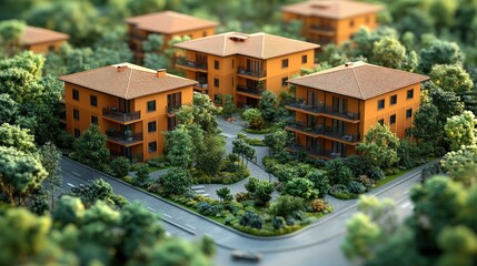 Aerial view of modern residential buildings surrounded by greenery.