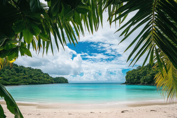 Palm trees sway against a bright blue sky on a serene beach, creating a tranquil tropical scene.