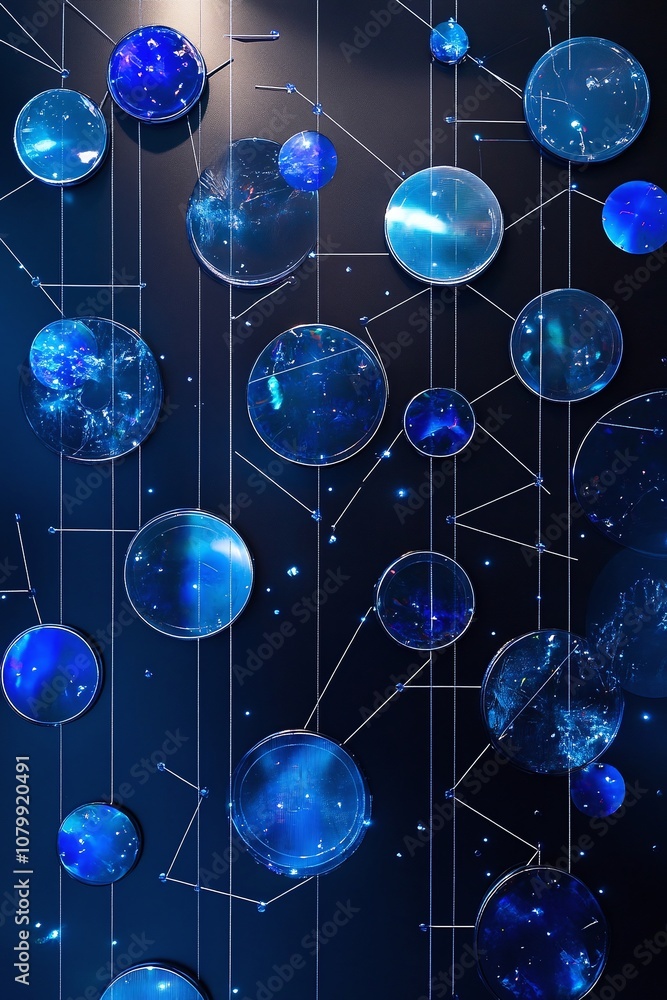 Poster abstract blue circles on dark background with light reflections and connecting lines representing te