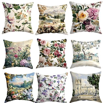 Set of 9 Watercolor Floral and Landscape Throw Pillow Covers.