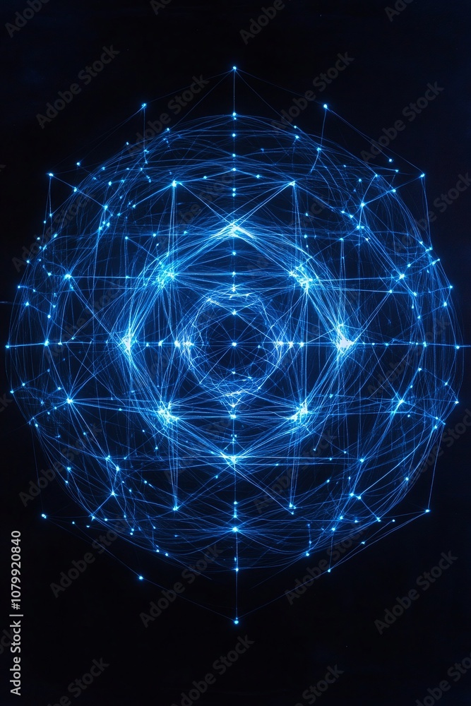 Poster abstract blue geometric design with interconnected lines and glowing nodes creating a futuristic net