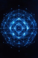 Obraz premium Abstract blue geometric design with interconnected lines and glowing nodes creating a futuristic network on a dark background for digital concepts
