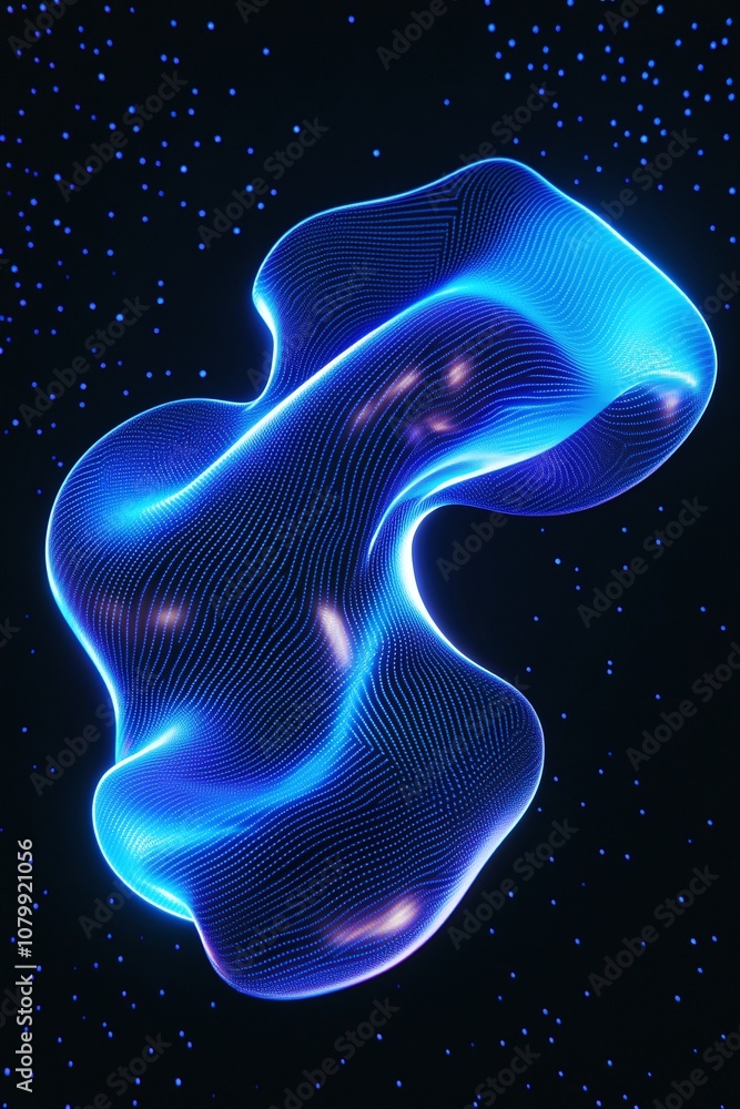 Poster abstract blue glowing wave with intricate lines and luminous points on a dark background, representi