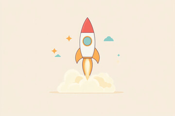 Rocket flying through the sky, leaving a fiery trail behind, with clouds and blue sky in the background.