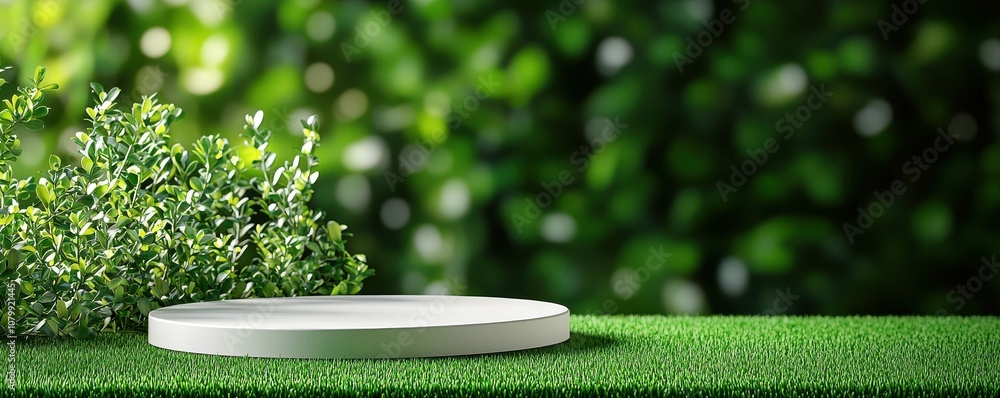 Poster minimalist round white podium green background concept. nature backdrop with a round display stand a