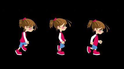 A 2D animated girl character with three distinct actions: a sad walk, a happy walk, and a run. Each action is looped smoothly, showing clear emotion and movement style. The animation includes an alpha