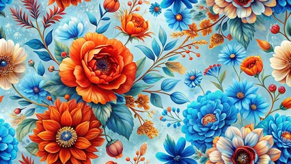 A vibrant tapestry of blooming blossoms, featuring a captivating mix of crimson and azure hues, intermingled with soft, ivory accents, against a delicate sky blue backdrop