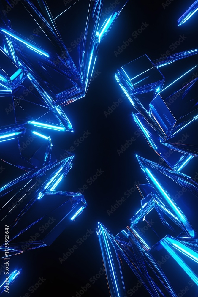 Poster abstract blue neon crystals forming a geometric structure with shiny reflective surfaces illuminated