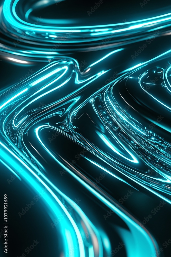 Poster abstract blue neon light waves creating dynamic fluid patterns with reflections and depth on a dark 