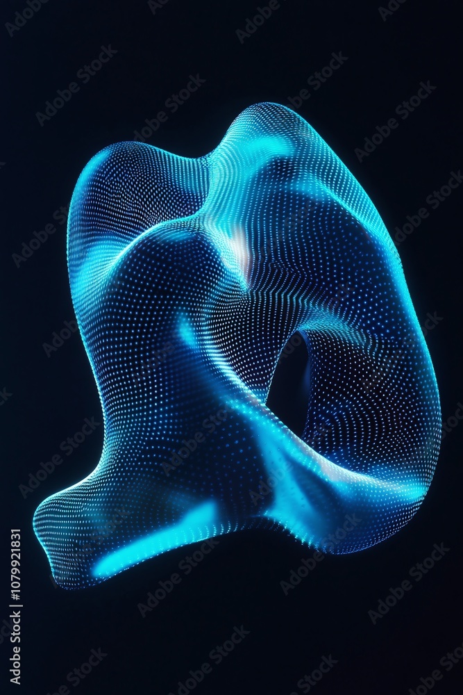 Poster abstract blue shape with dots on dark background representing fluid motion and modern technology in 
