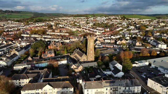 Aerial View of Holy Trinity Church Barnstaple, Gothic Architecture, Evening Light, and residential