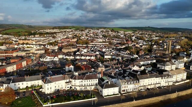 Drone Footage of Barnstaple High Street: Historic Architecture, Local Shops, and Devon Countryside