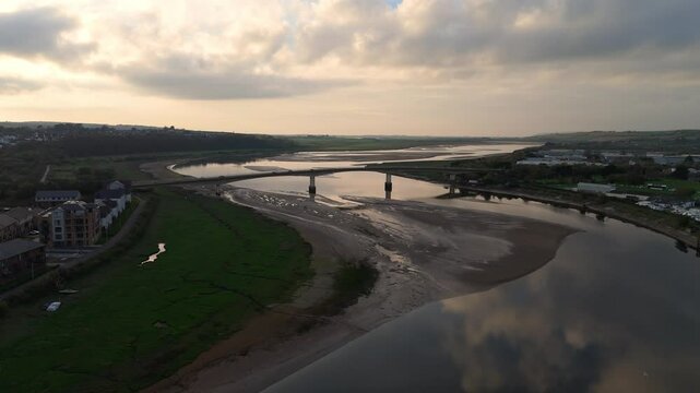 4K Aerial Drone Video of Taw Bridge and River Taw Estuary at Evening in Barnstaple, North Devon