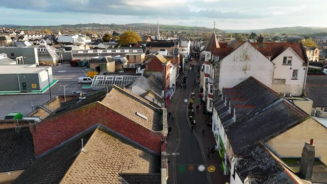 Drone Footage of Barnstaple High Street: Historic Architecture, Local Shops, and Devon Countryside