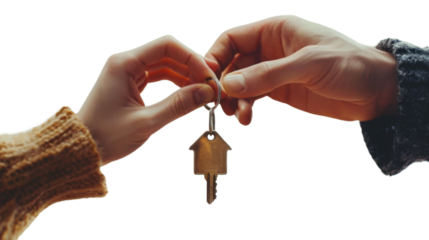 Hands sharing house key on white transparent background
