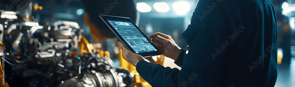 Poster a car mechanic employs a digital tablet to assess the condition of an automobile's engine in a servi