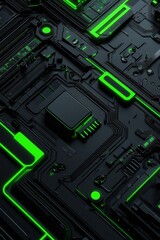 Fototapeta premium Abstract Close-Up of a Dark Circuit Board with Neon Green Highlights, Showcasing Intricate Electronic Components and Modern Technology in a Futuristic Setting