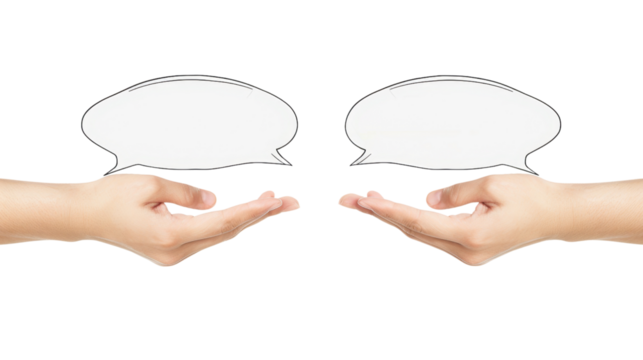 Hands holding empty speech bubbles on white transparent background
