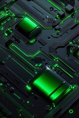 Fototapeta premium Abstract close-up of a futuristic circuit board with glowing green lights, showcasing intricate electronic patterns and modern technology components in a dark setting.