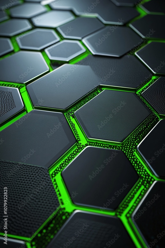 Poster abstract close-up of a modern hexagonal pattern with a vibrant green glow and textured surfaces, ide