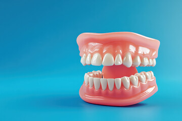 Obraz premium Close-up of gums with a piece of chewed gum stuck between teeth, highlighting poor oral hygiene practice.