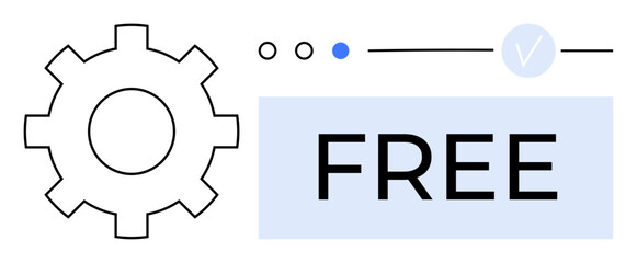 Gear icon next to a FREE label, blue dot, checkmark, and progress line. Ideal for marketing, advertisements, promotions, software online services startups digital content. Line metaphor