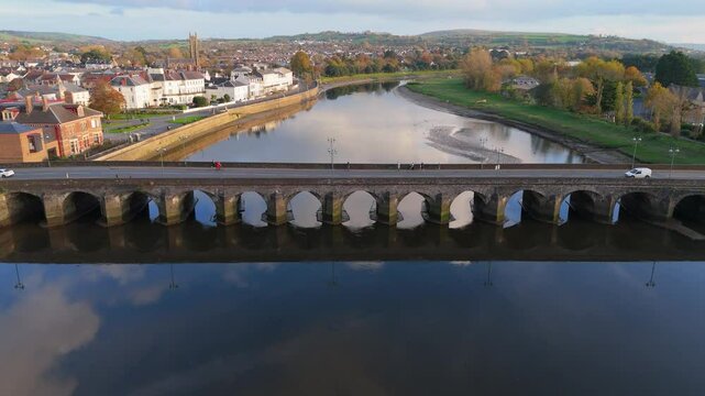 Aerial 4K View of The Barnstaple Historic Long Bridge Over the River Taw in North Devon, England