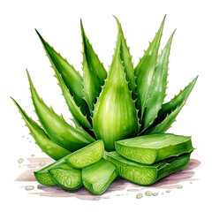 Watercolor aloe vera drawing on white background, Natural Fresh aloevera isolated, fresh fruits art painting