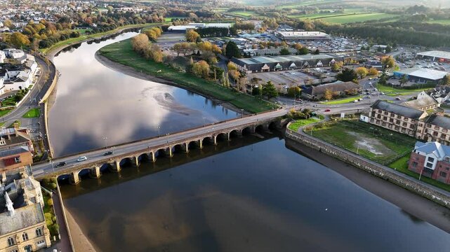 Aerial 4K View of The Barnstaple Historic Long Bridge Over the River Taw in North Devon, England
