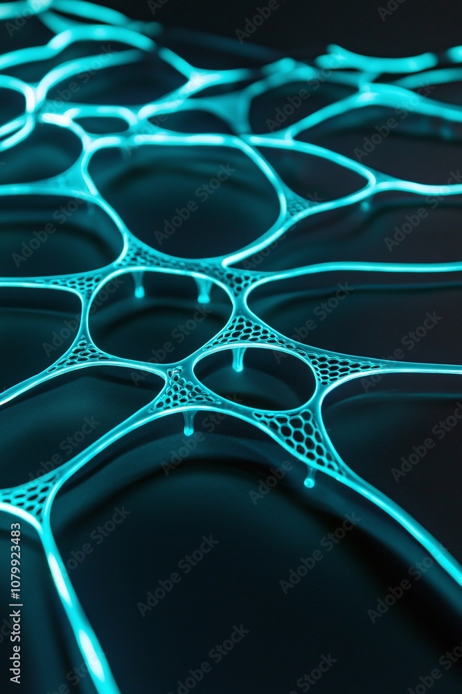 Poster abstract close-up of glowing blue mesh structure revealing intricate patterns and textures against a