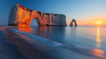 Sea arch cliffs at sunrise with golden reflections in the water. AI generative. .