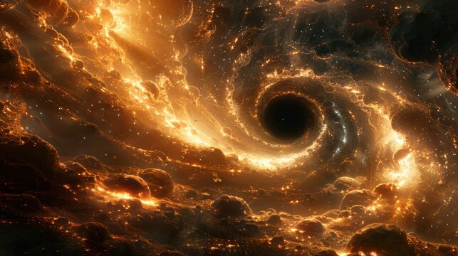 Golden nebula swirls around a black hole in space. AI generative. .