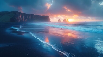 Fototapeta premium Black sand beach with crashing waves at sunset, reflecting the pink sky in the water. AI generative. .
