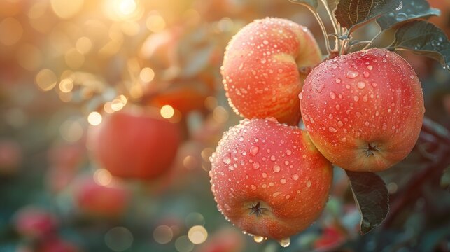 Close-up of red apples with water drops, bokeh, and green leaves. AI generative. .