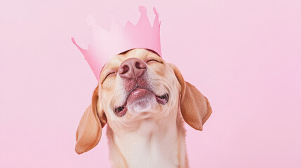 Photo of a smile happy dog wear crown cheerful on pink cute pet background. graphic design adorable wallpaper for advertising celebration birthday party animal vet 