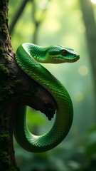 Obraz premium a green snake coiled around a tree branch, with vivid scales and detailed textures. Symbol of 2025