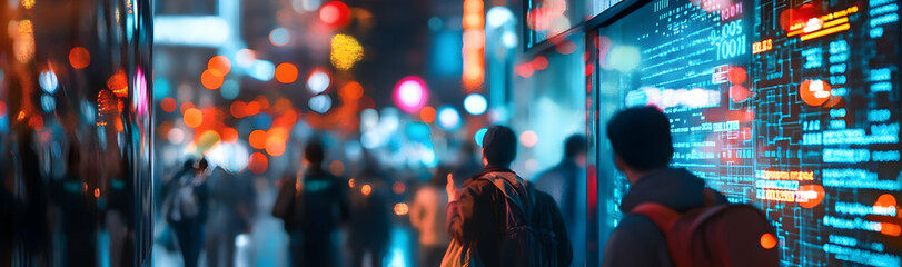 Blurred city scene with people looking at a glowing stock market display showing real-time trading data  -