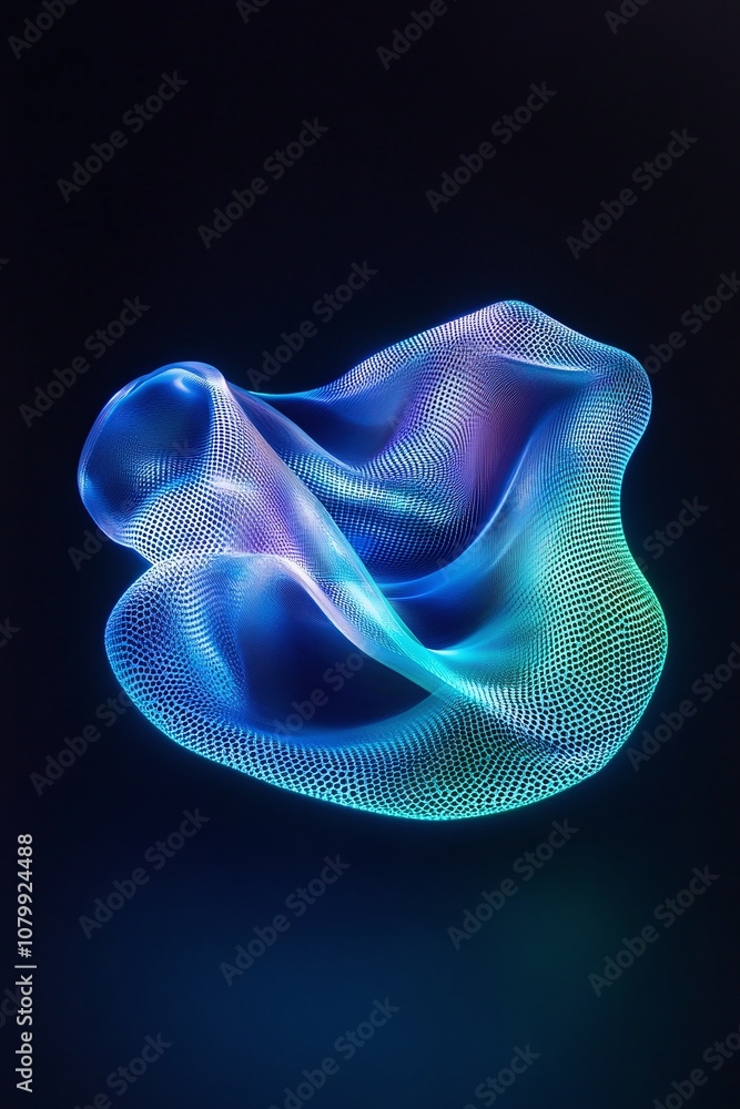 Poster Abstract colorful light wave forming a three-dimensional net pattern over a dark background, creating a sense of fluid motion and futuristic design elements