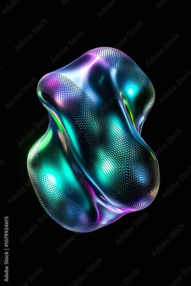 Poster abstract colorful organic shape with shiny surface and dynamic lighting in a dark environment repres