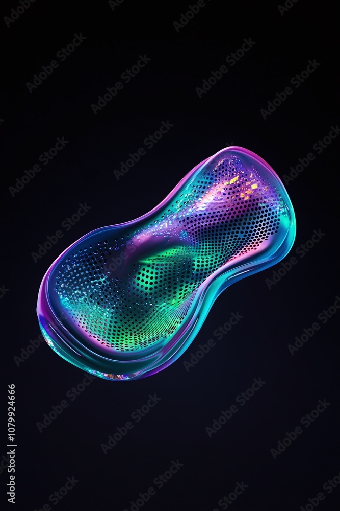 Poster abstract colorful shape with mesh texture and illuminated patterns floating on black background, ide