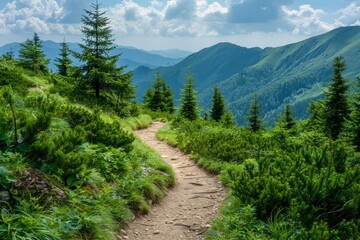 Fototapeta premium A winding dirt path through a lush forest with tall pine trees and a mountainous backdrop. AI generative. .