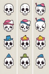 Obraz premium Collection of Cute Cartoon Skulls Wearing Various Hats and Accessories - Day of the Dead Inspired Design