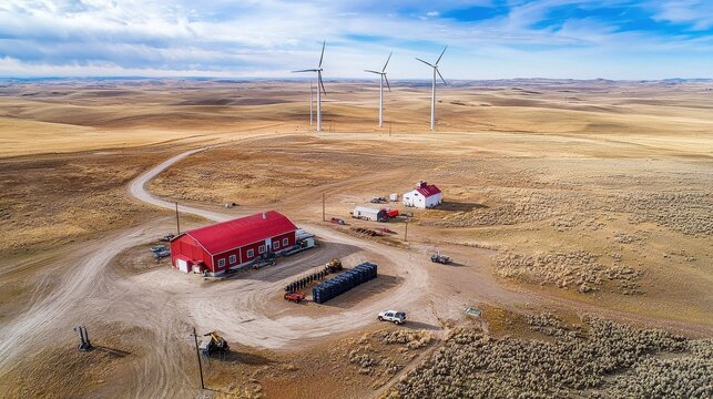 Battery storage facility and wind turbines remote location aerial view renewable energy concept