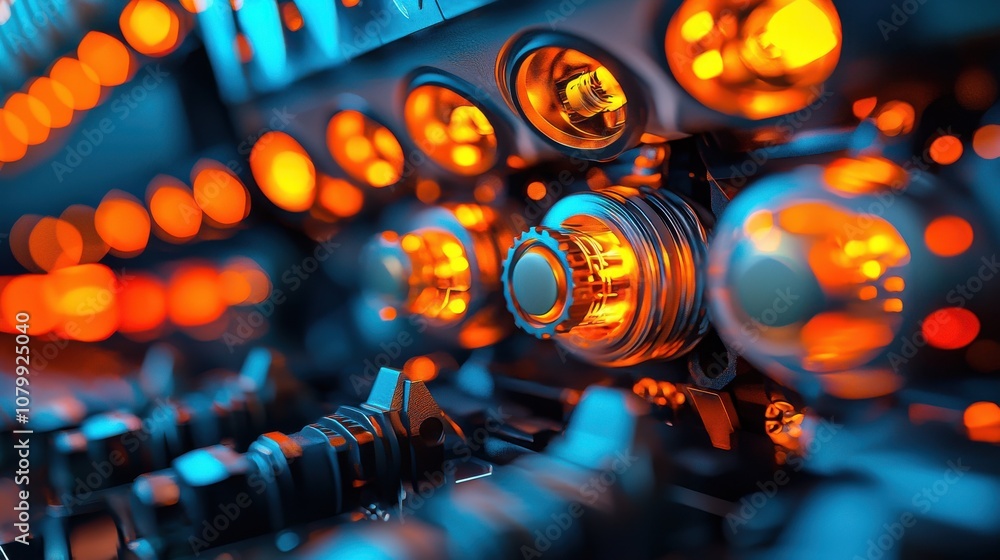 Poster exploring advanced battery technology high-tech facility close-up imagery industrial environment mac