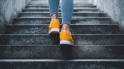 Woman Walking Up Concrete Stairs  Feet in Yellow Sneakers   Motivational Success Symbol