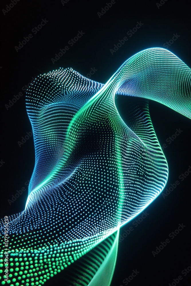 Poster abstract composition of flowing light waves in vibrant colors with dots creating a dynamic and enigm