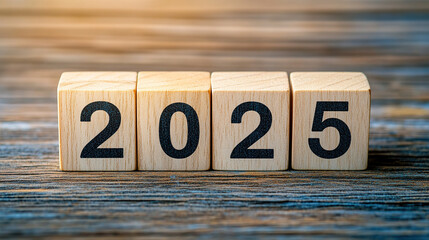 Wooden blocks with the numbers "2025" on a wooden background