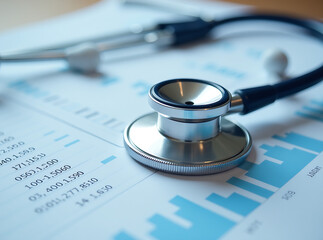 A stethoscope rests on financial report, symbolizing healthcare analysis.